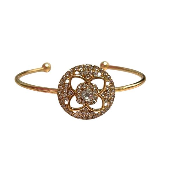 Elegant Round Clover Clear Rhinestone Gold Tone Open Cuff Bracelet - Picture 1 of 3